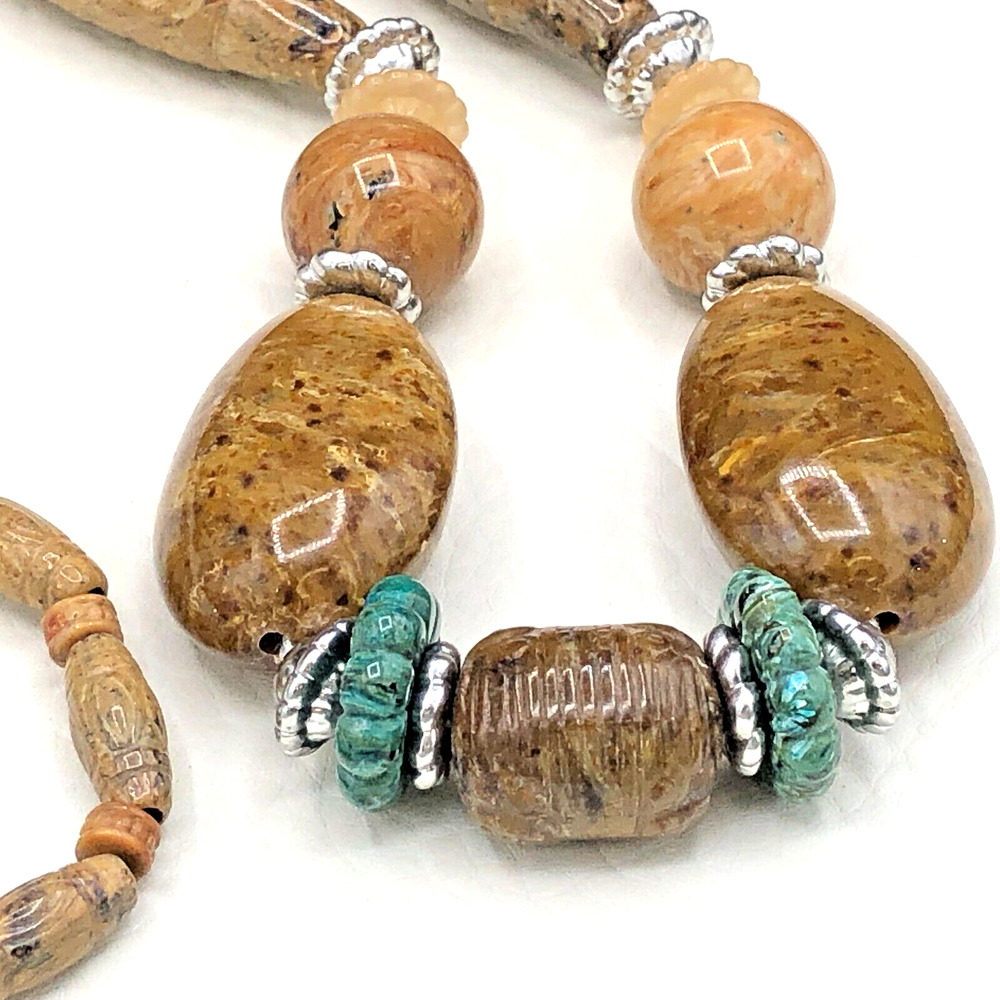 Tribal Carved Style 24” Chunky Acrylic Bead‎ Necklace Faux Sandstone Earth Tones
